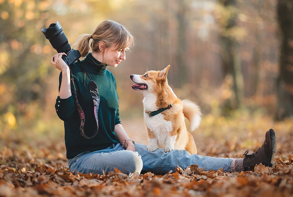 dog photographer and a corgi in the forest