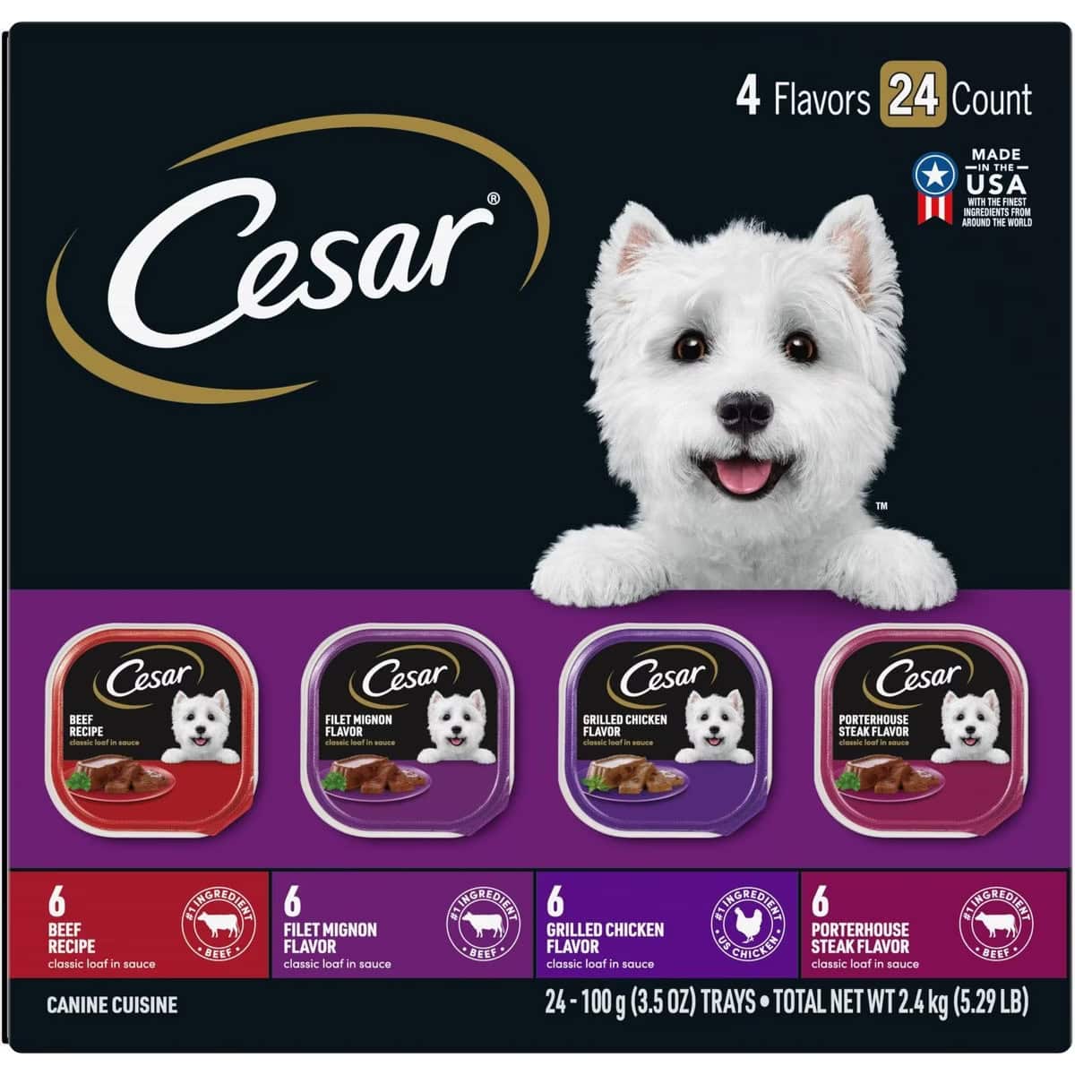 Cesar Classic Loaf in Sauce Adult Beef Recipe, Filet Mignon, Grilled Chicken, & Porterhouse Steak Flavors Variety Pack Wet Dog Food Trays 