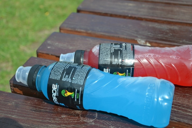 Two Powerade bottles lie down on the table