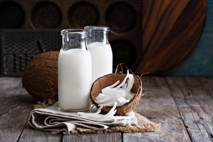 coconut milk in different bottles