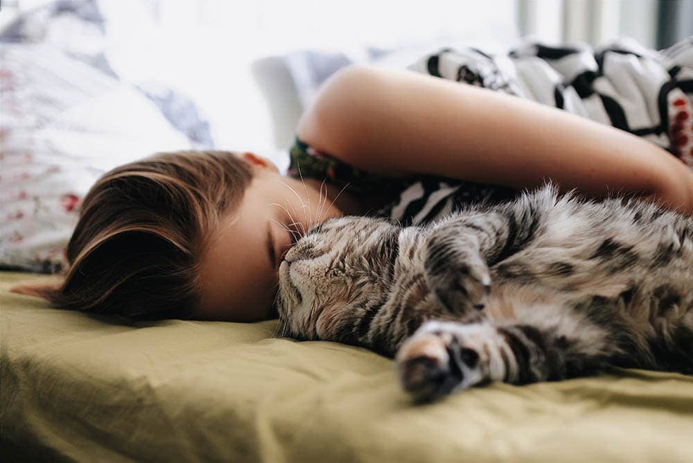 Cat sleeping near woman's head