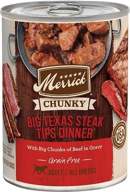 1Merrick Chunky Grain Free Wet Dog Food Big Texas Steak Tips Dinner