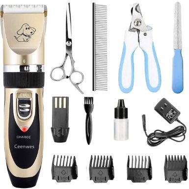 Blue TEBALO Dog Grooming Clippers Kit Low Noise Rechargeable Cordless Dog Shaver Clippers Quiet Electric Pets Hair Trimmers for Dogs Cats and Other Pets with LCD Display 