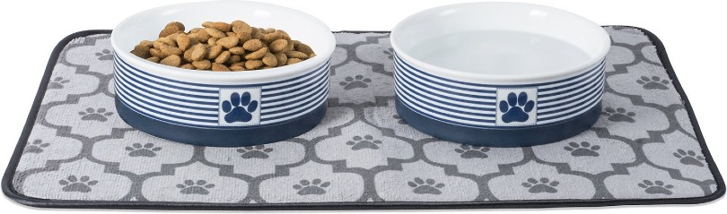 ceramic dog bowls on a carpet