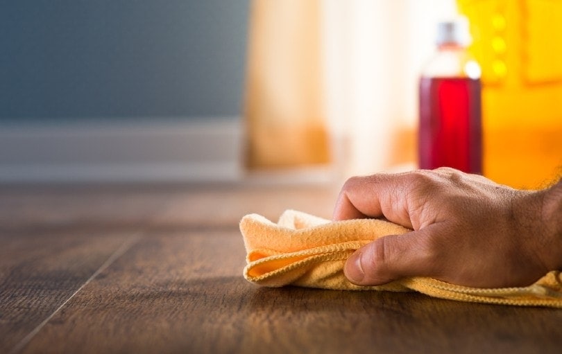 male hand wiping the hardwood floor