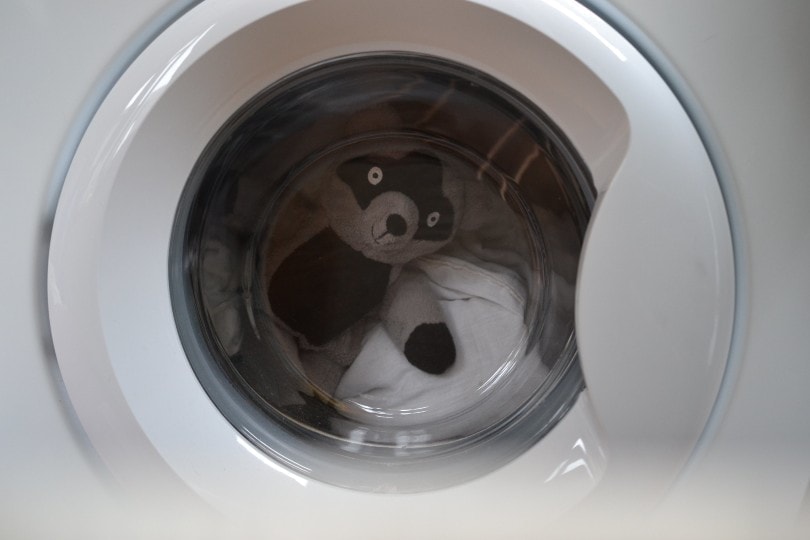 toy and beddings in a washing machine