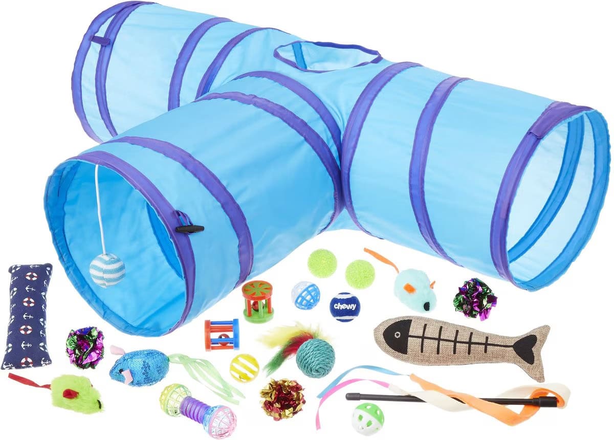 Frisco Plush, Teaser, Ball & Tri-Tunnel Variety Pack Cat Toy with Catnip 