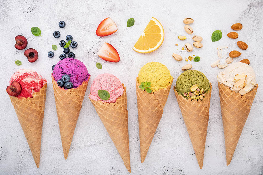 variety of sherbet flavors in cones