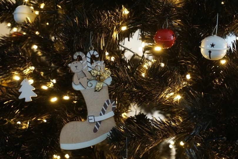 Cat-themed ornament in Christmas tree
