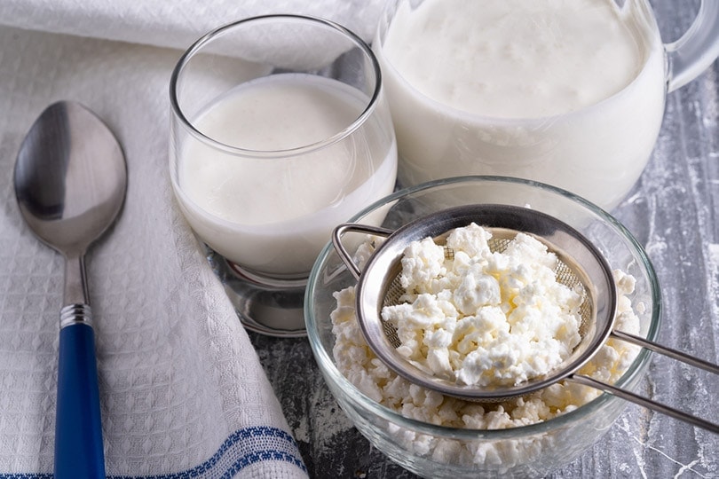 fermented drink kefir in a glass and curd cheese in a glass bowl