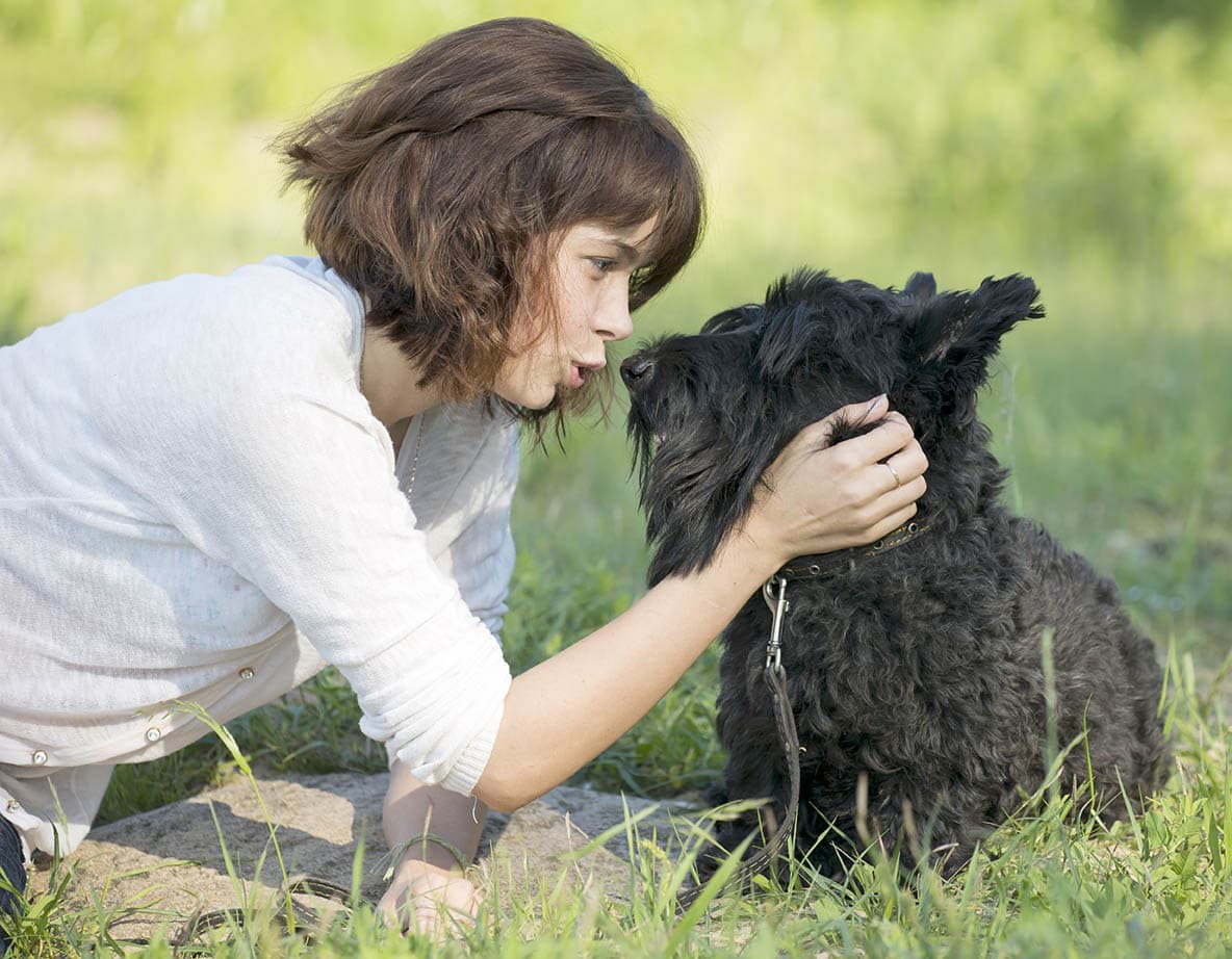 girl baby talking a black dog