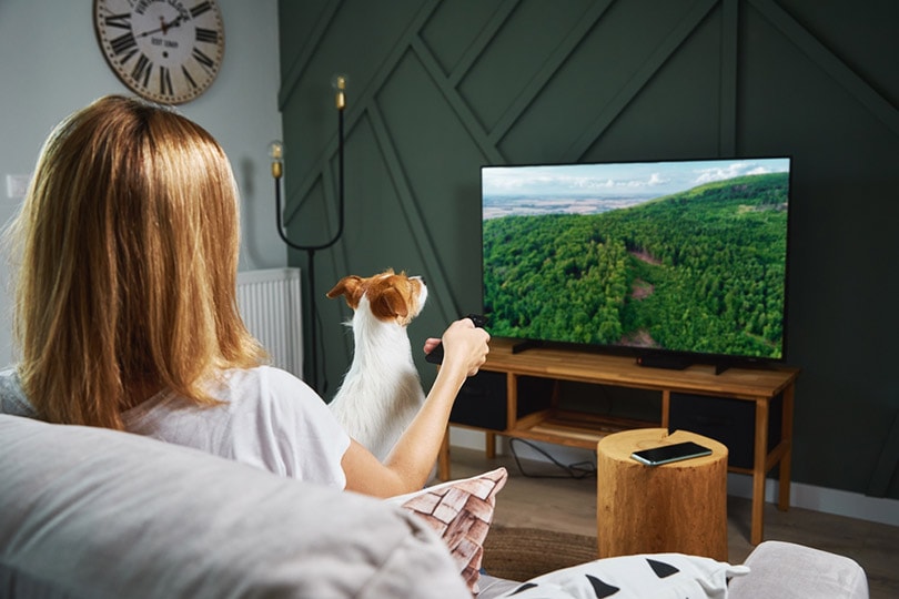woman watching TV with her dog