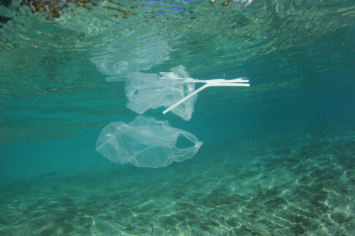Plastic bags and straws in the ocean