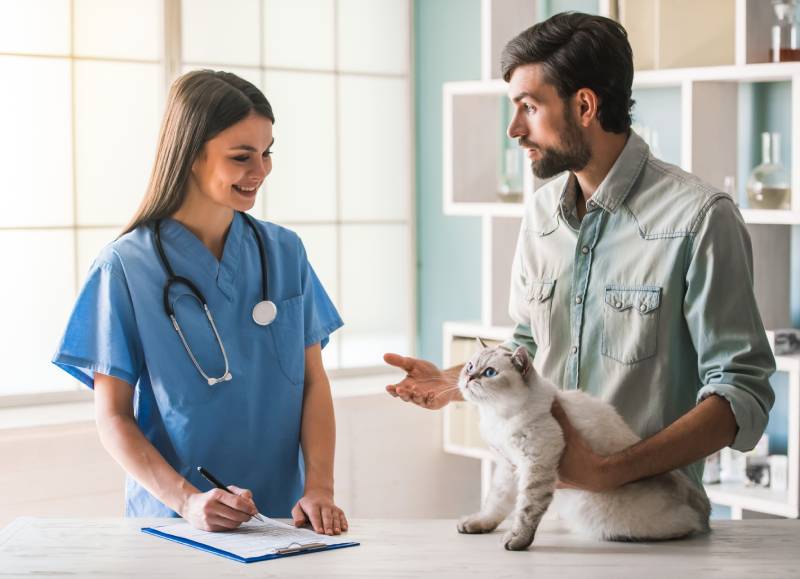 Handsome young man is holding cute cat and smiling while beautiful female veterinarian is examining a pet