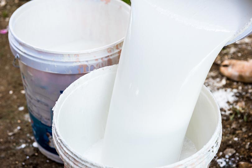 pouring white paint from a bucket