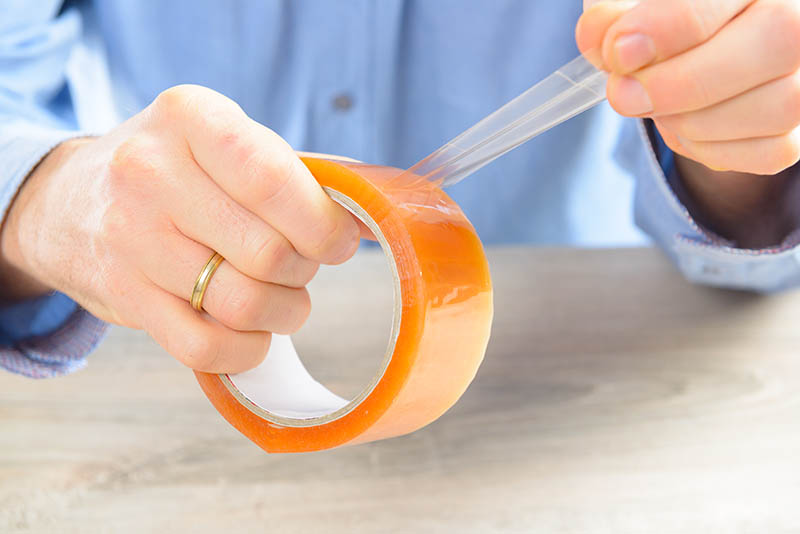 Hands with roll of transparent packaging adhesive tape