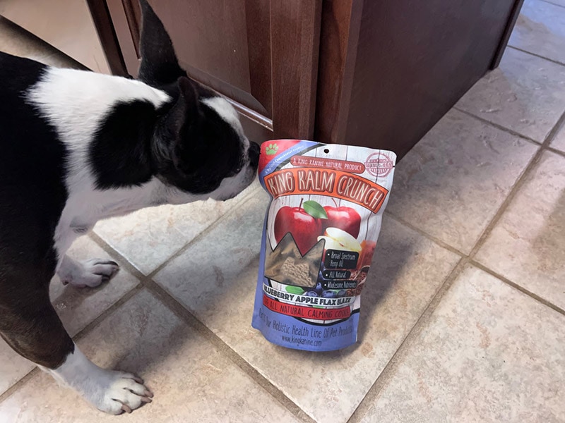 a dog sniffing the king kalm crunch packaging