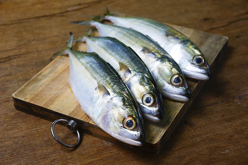 Mackerel Fish On Wooden Chopping Board