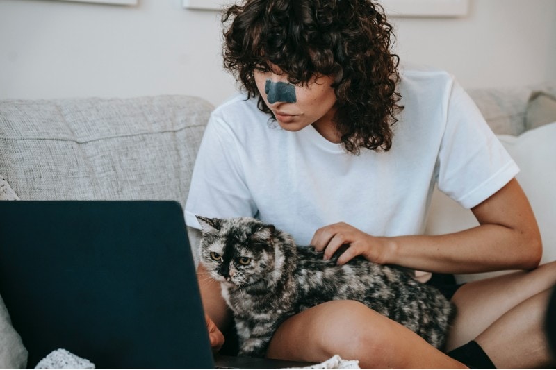 con mèo phản chiếu người phụ nữ