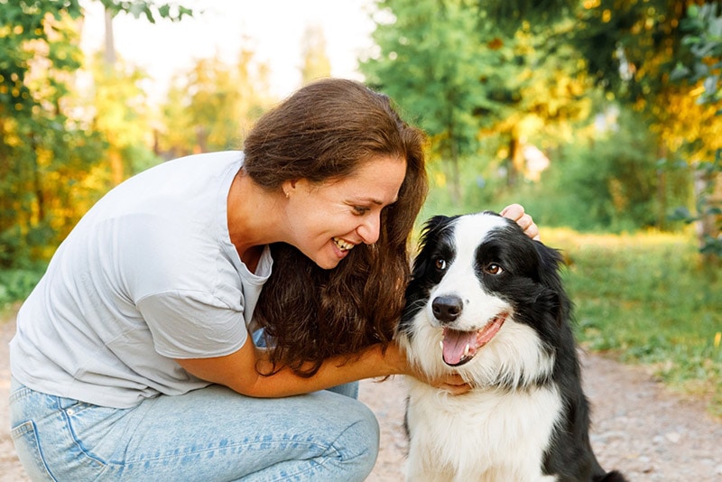 a woman playing with border collie outdoor