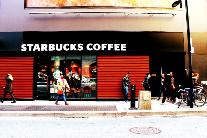 Starbucks facade with people walking around