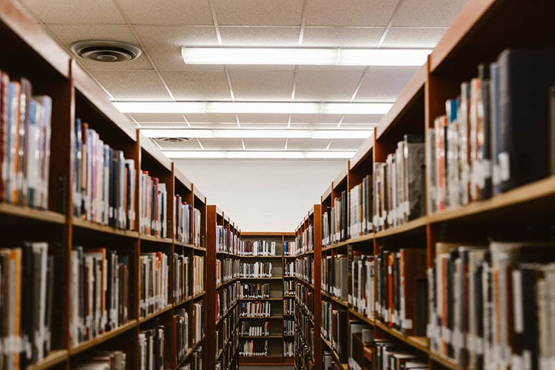 aisle of bookshelves in a bookstore