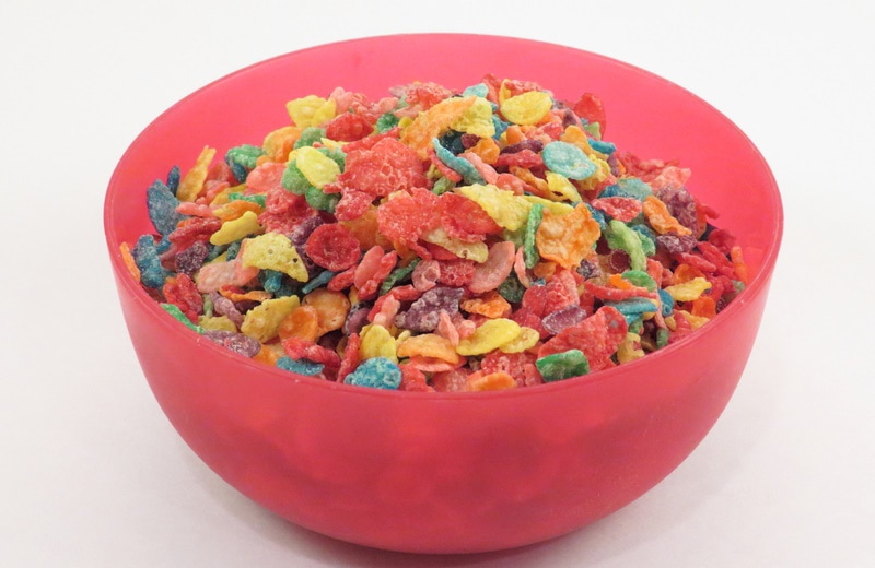 fruity pebbles on colored bowl