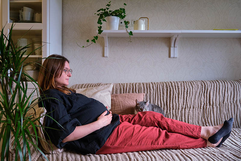 Pregnant woman sitting on the couch with a cat