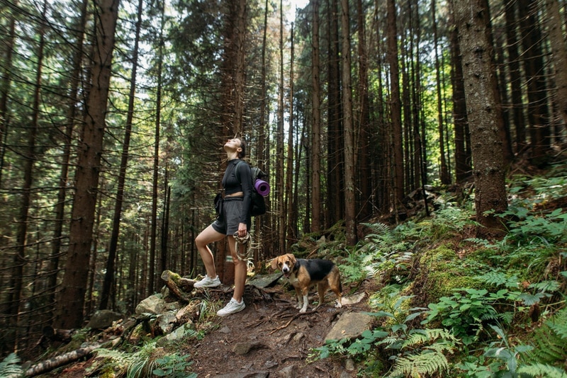 woman hiking with a dog