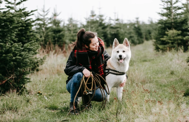 woman hugging her american akita dog outdoors