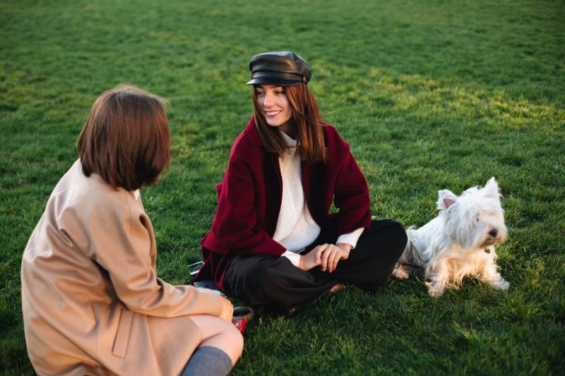 woman sitting on grass and talking with friend while spending time with dog in the park