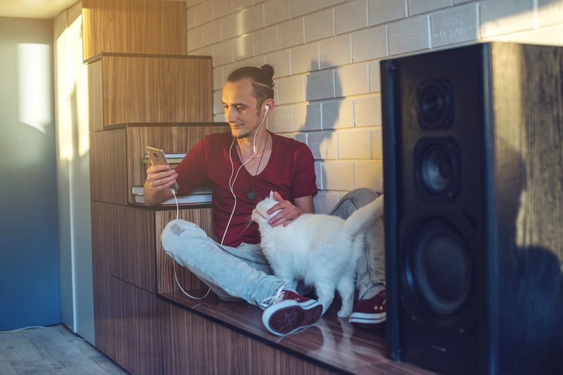 cat owner listening to music