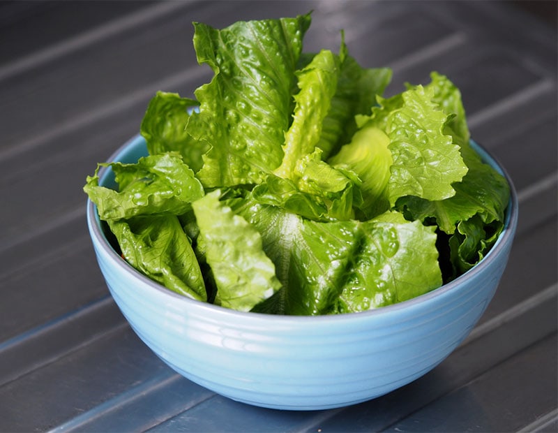 chopped romaine lettuce in blue bowl