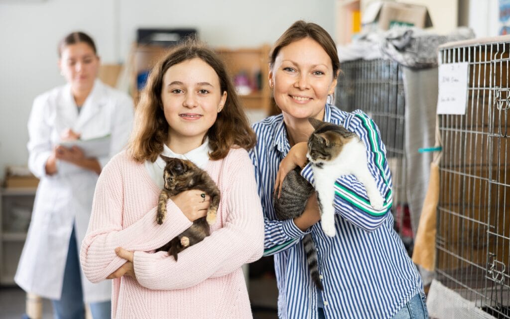 Cat and woman owners holding cats in shelter to adopt