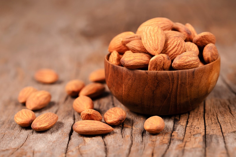 almonds in wooden table