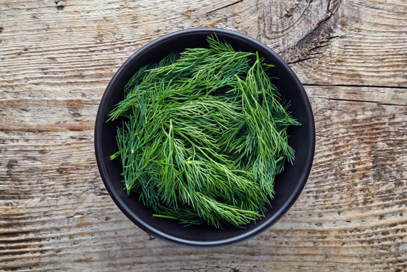 bowl of fresh dill on wooden background