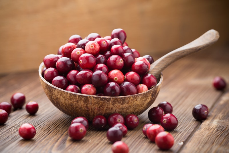 cranberries in wooden bowl