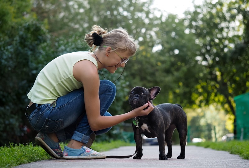 young girl with french bulldog