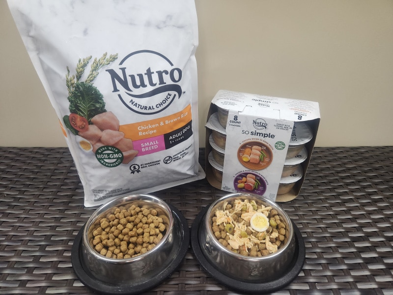 nutro natural choice dry and topper in package with samples in bowls