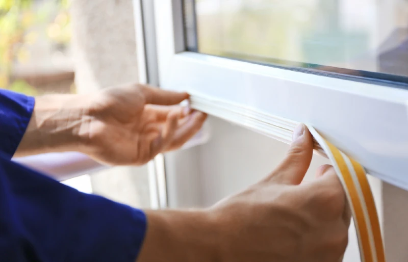 worker putting weathersealing foam tape on window