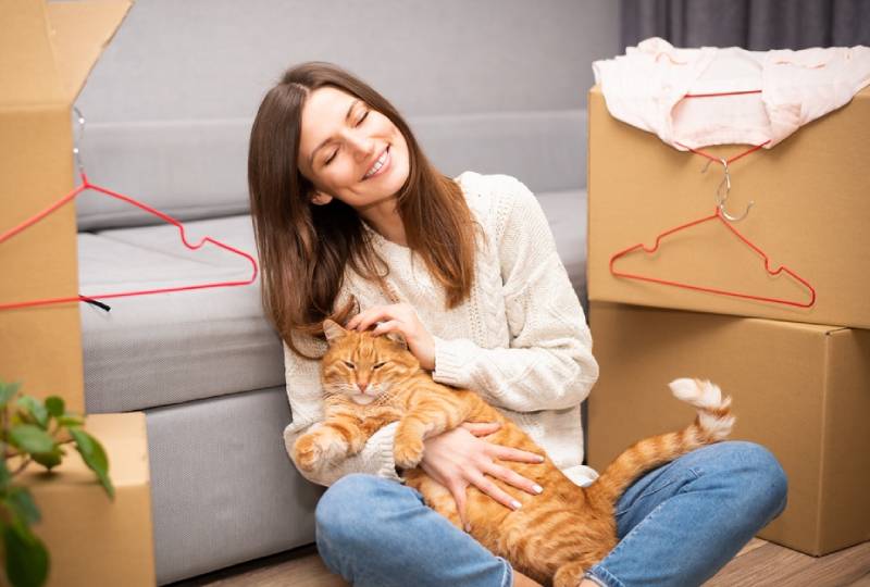 young woman with moving boxes carrying her cat