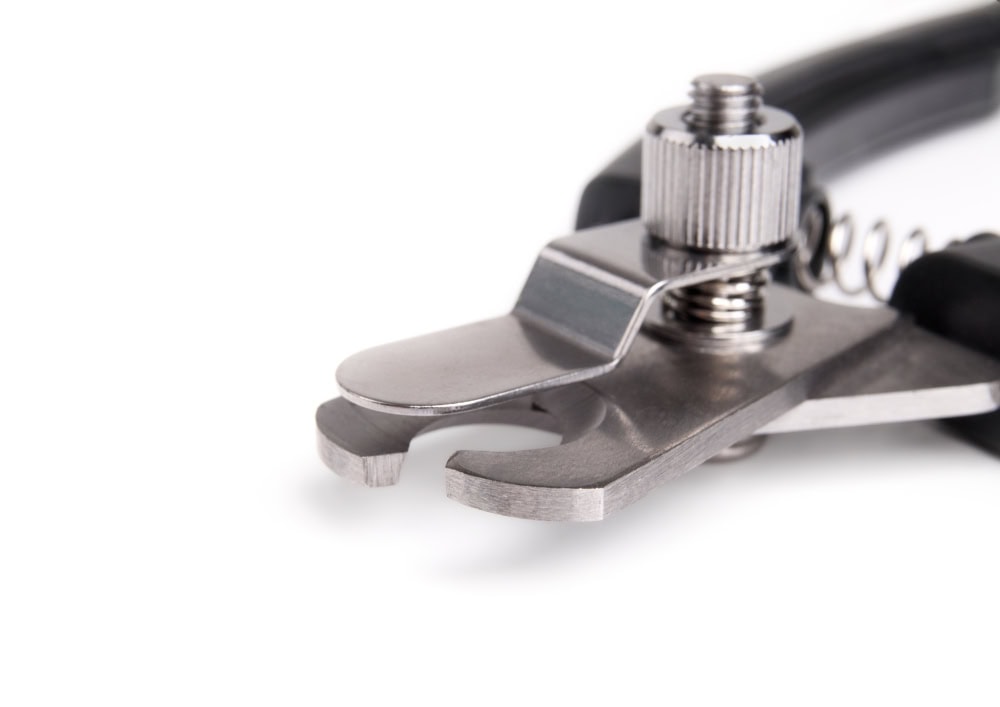 Close up of dog nail trimmer with open blades