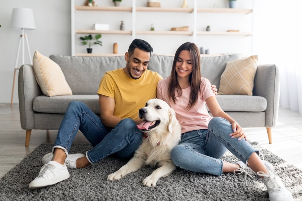 couple-sitting-on-floor-with-their-pet