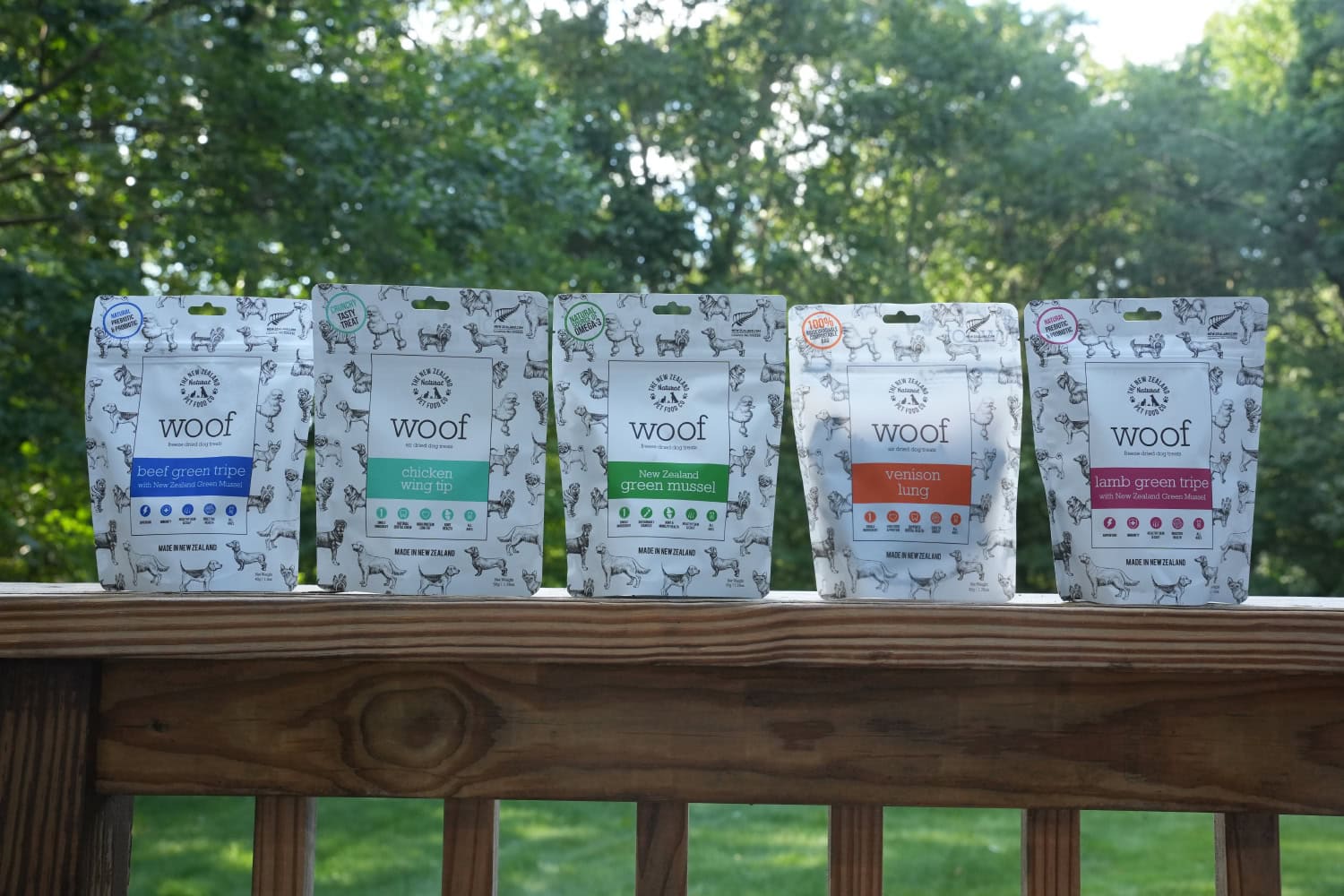 The New Zealand Natural Pet Food Co. Treats - products on balcony handrail